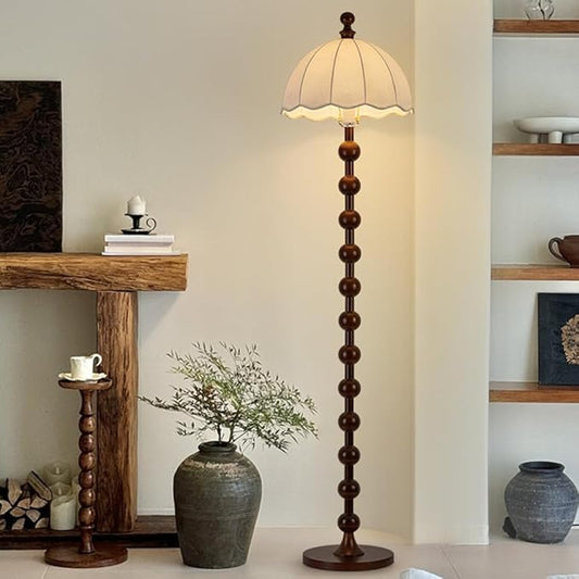 Wabi-sabi Wooden Floor Lamp 64.2" Linen Floor Light Walnut Globe Body Tall Lamp with E26 Dimmable Drum-Shaped Fabric Standing Light for Living Room Meeting Room Study Bedroom