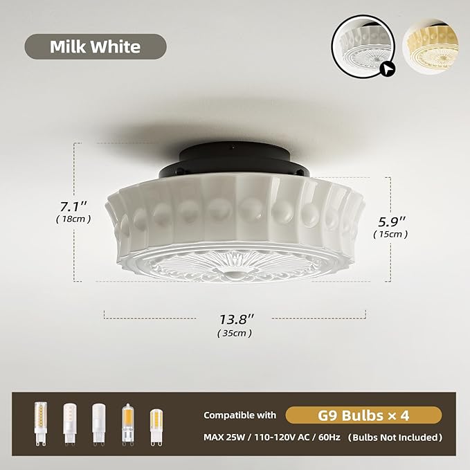 Milk Glass Schoolhouse Ceiling Light - 14 Inch Vintage Mid Century Modern Flush Mount Lighting Fixtures - Antique Art Deco Lamp for Hallway Bedroom Kitchen Entryway Laundry Foyer Bathroom Dining Room - Aura Lighting