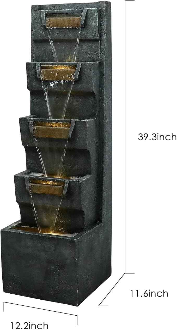SunJet 39.3inches High Modern Water Fountain – 5-Tier Outdoor/Indoor Water Fountain with Soothing Water Sounds & Warm LED Light, Perfect for Garden, Patio, Home & Office