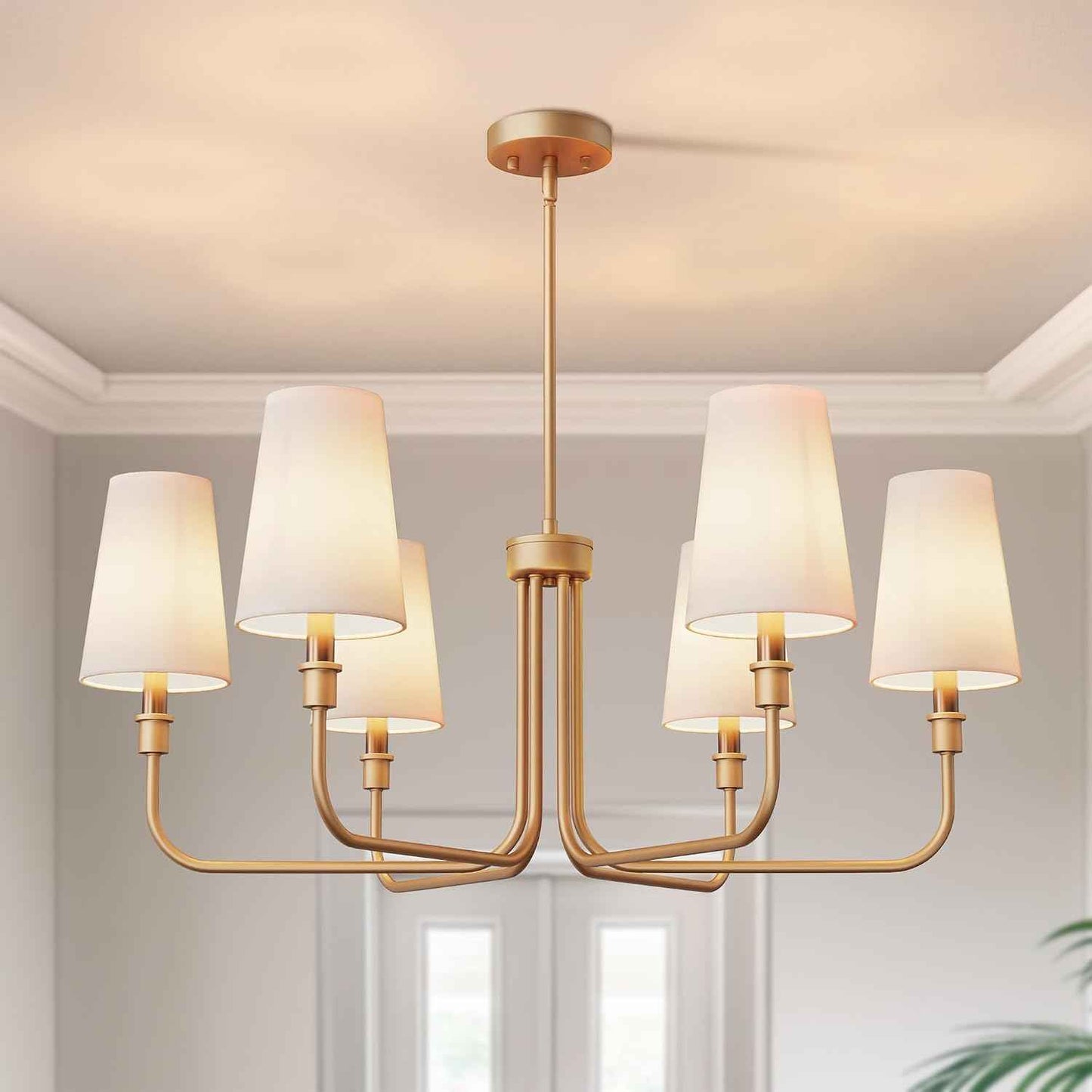 6-Light Chandelier for Dining Room Light Fixture Over Table, 33.86" Modern Muted Gold Chandelier with White Fabric Shade, Adjustable Hanging Light Fixture for Kitchen Dining Room