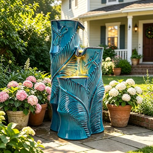 Autodaya Tropical Turquoise Ceramic Outdoor Water Fountain with Lights