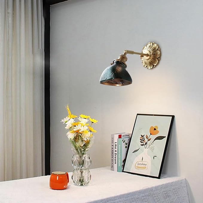 Elegant Brass Wall Sconce Modern Adjustable Home Decor Lighting Fixture with Striped Green/Clear Glass Shade, Japanese-Style Wabi Sabi Polished Brass Hardwired Sconces for Bedroom