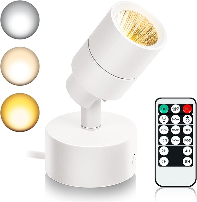 LED Spot Lights Indoor, 5W Uplighting with Remote Control Dimmable & Timer, Uplights Indoor Floor Spotlights with 3 CCT, Accent Lighting Stick on Wall Light for Plants Picture Artwork, White
