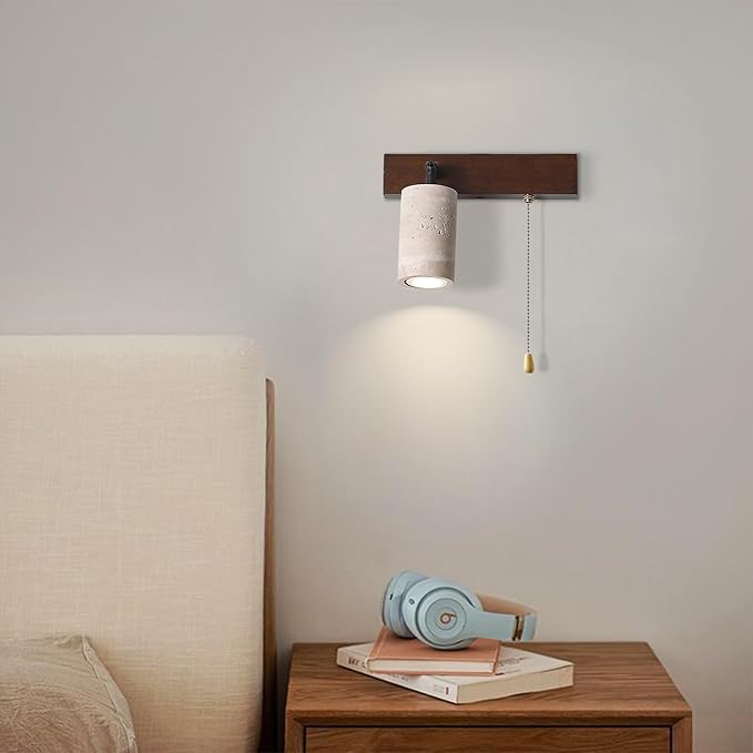 Modern Yellow Travertine Wall Lamp, Japanese Style Wabi Sabi Light Fixture with Stone Shade Pull Switch Wood Base, Adjustable Natural Marble Wall Sconce for Bedside Bedroom Study(Walnut)