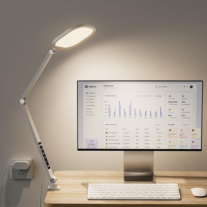 LED Desk Lamp for Home Office, 15W Desk Light with C- Clamp, Swing Arm, Memory & Timer Function, 1200LM Dimmable Computer Light for Video Calls, Conference, Study (White-Clamp) - Aura Lighting
