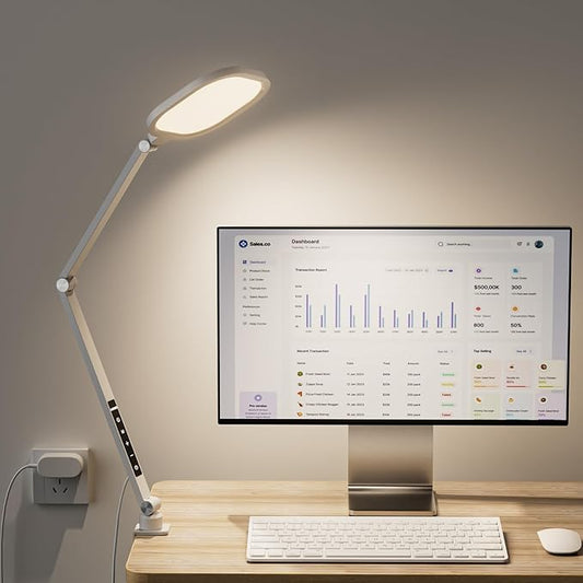 LED Desk Lamp for Home Office, 15W Desk Light with C- Clamp, Swing Arm, Memory & Timer Function, 1200LM Dimmable Computer Light for Video Calls, Conference, Study (White-Clamp) - Aura Lighting