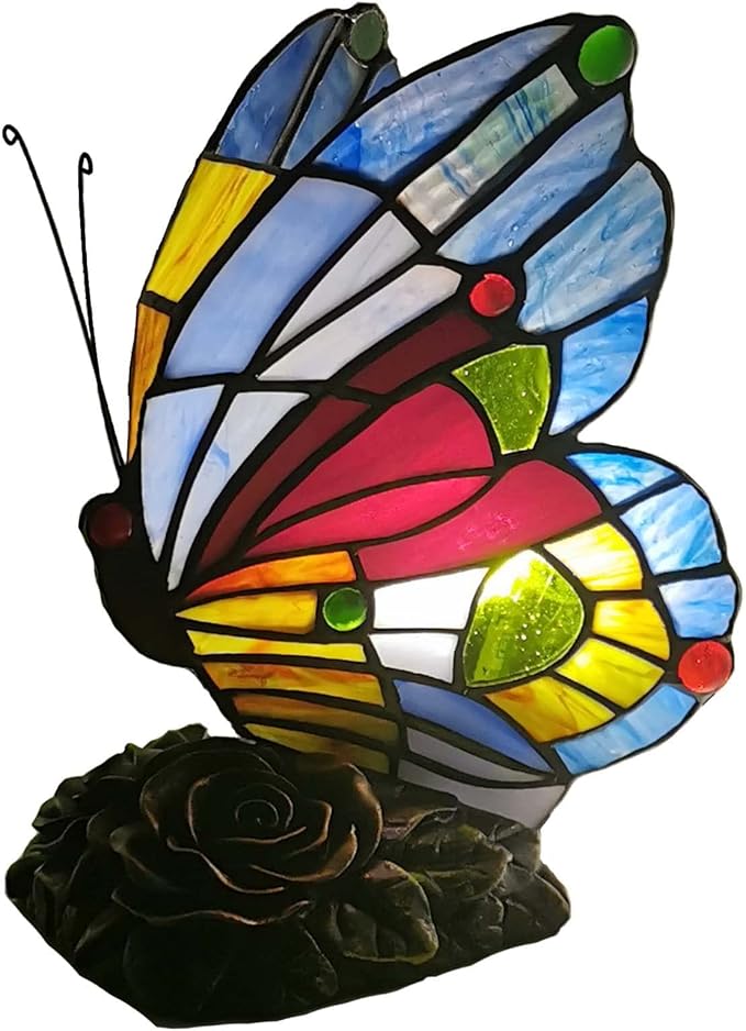 Bieye L10042 Butterfly Tiffany Style Stained Glass Accent Table Lamp Night Light for Bedside Bedroom Living Room (Multi-Colored E)
