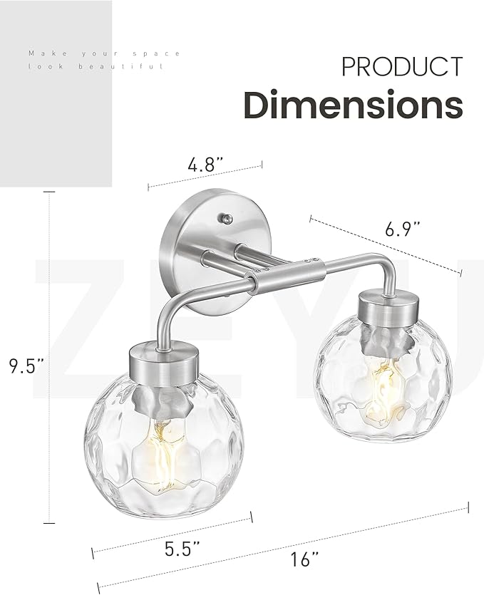 zeyu 16 Inch Bathroom Light Fixtures, 2-Light Vanity Bath Light for Mirror Bedroom, Brushed Nickel Finish with Water Ripple Globe Glass, ZS62BG-2W BN-WG