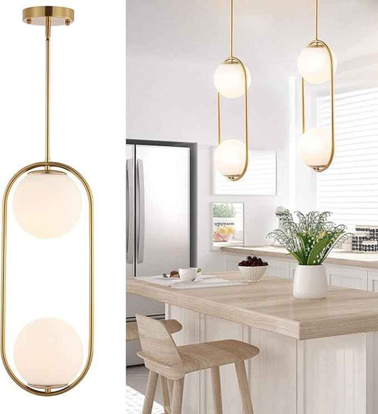 Modern Gold Globe Chandelier 2-Lights Mid Century Pendant Light Brushed Brass Ceiling Hanging Lighting Fixture with White Globe Glass Lampshade for Kitchen Island Dining Room Bedroom