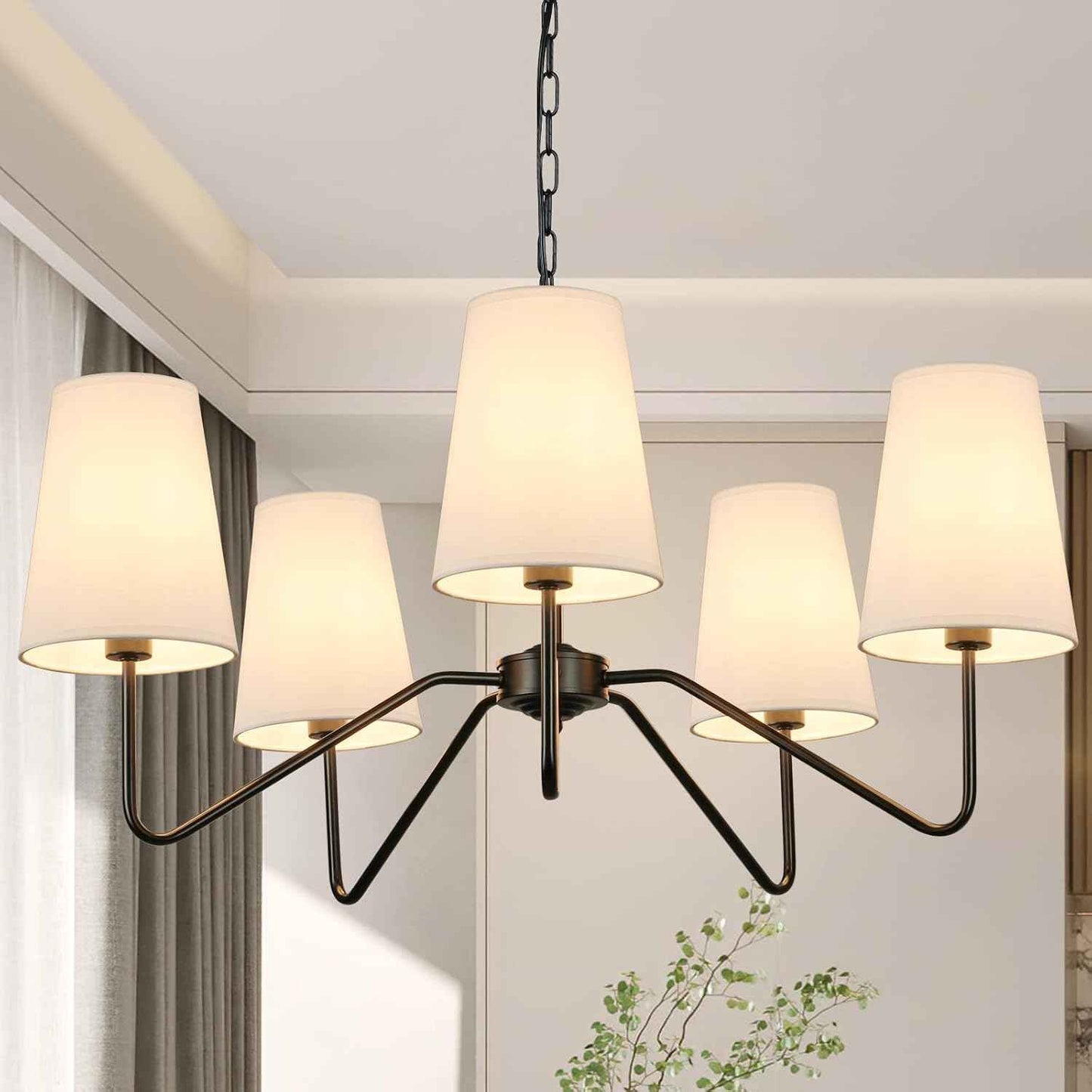 5-Light 30” Modern Chandelier with White Shades, Classic Pendant Ceiling Light Fixture for Dining Room, Black Chandelier with E12 Base Hanging Lamp for Living Room Hallway Bedroom, Height Adjustable