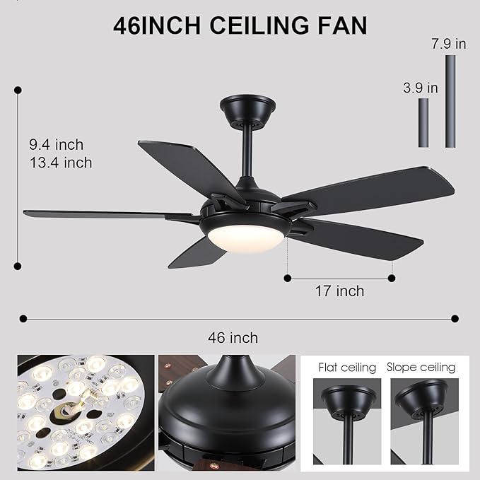 Ceiling Fans with Lights and Remote, 46 Inch Modern Ceiling Fan with Light, Black Ceiling Fans for Bedroom Living Room Indoor/Outdoor, Reversible Quiet Motor, Dimmable LED Light, Black
