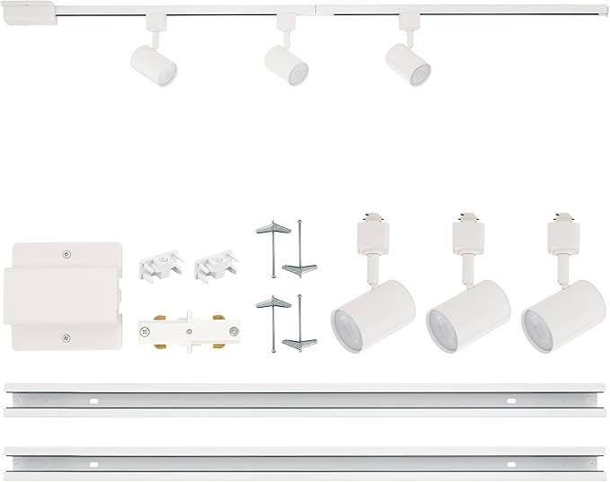 Amped Collection 3-Light 48in Field Cuttable LED Track Lighting Kit with 3 LED 3000K Warm White Track Heads, 4ft Track, End Caps, Floating Feed in White Finish - Aura Lighting