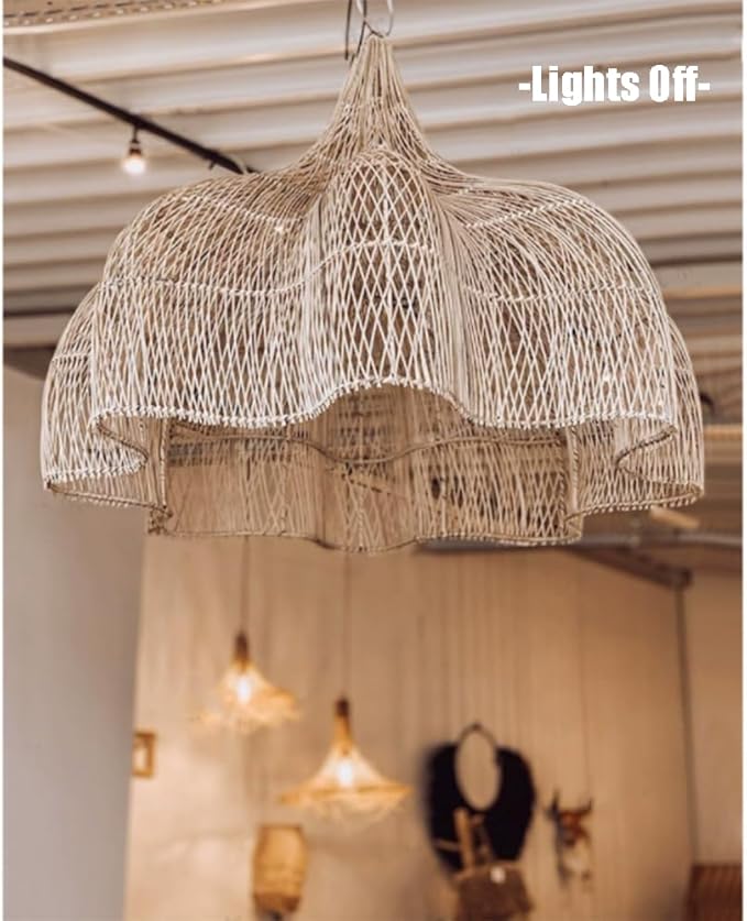 Vintage Tropical Restaurant Ceiling Mount Chandelier Southeast Asian Hotel Hall Pendant Light Shade Handmade Rattan Wabi-sabi Style Semi Flush Mount Ceiling Light Fixture with Metal Chain
