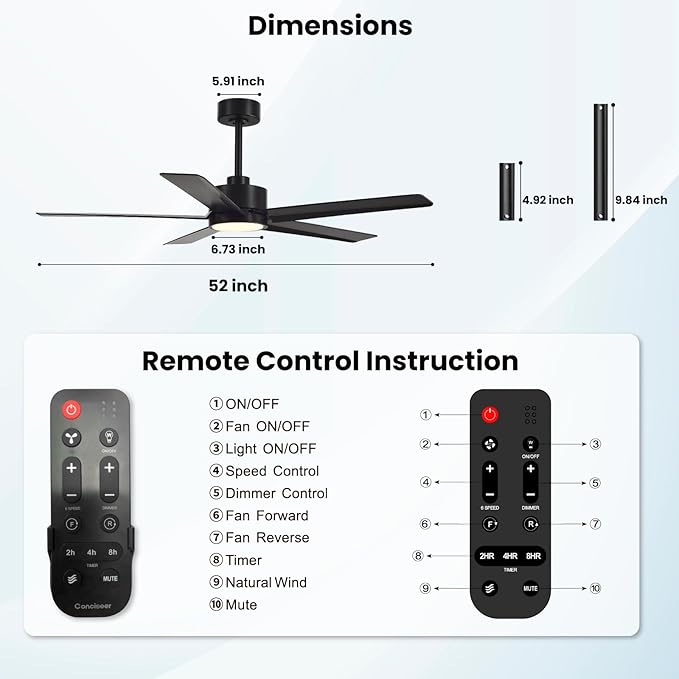 Modern Ceiling Fans with Lights,52 Inch Ceiling Fans with Remote for Bedroom Living Room Kitchen, 18W 3CCT Dimmable，5 Blades 6 Speed Reversible Quiet DC Motor Black