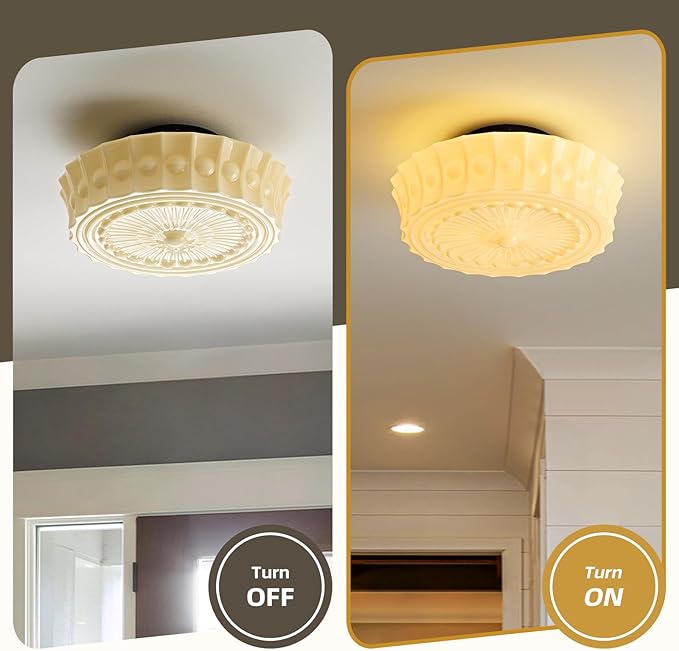 Schoolhouse Vintage Glass Ceiling Light - 14 Inch Cream Yellow Mid Century Modern Flush Mount Lighting Fixtures - Antique Art Deco Lamp for Bedroom Kitchen Entryway Laundry Hallway Foyer Bathroom Hall - Aura Lighting