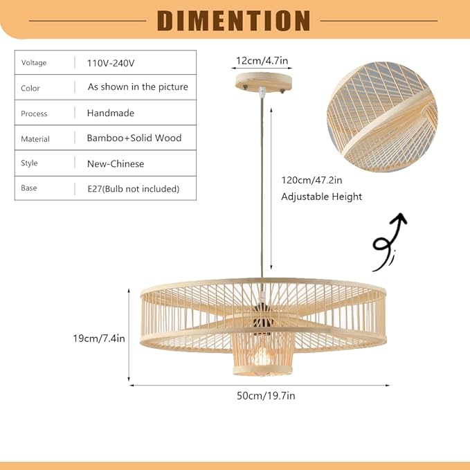 Natural Bamboo Pendant Light,19.7in Large Cylindrical Lantern Chandelier,Japanese Wabi Sabi Hanging Lamp,New Chinese Tea Room Lighting Fixture for Kitchen Island Dining Room Study Cafe