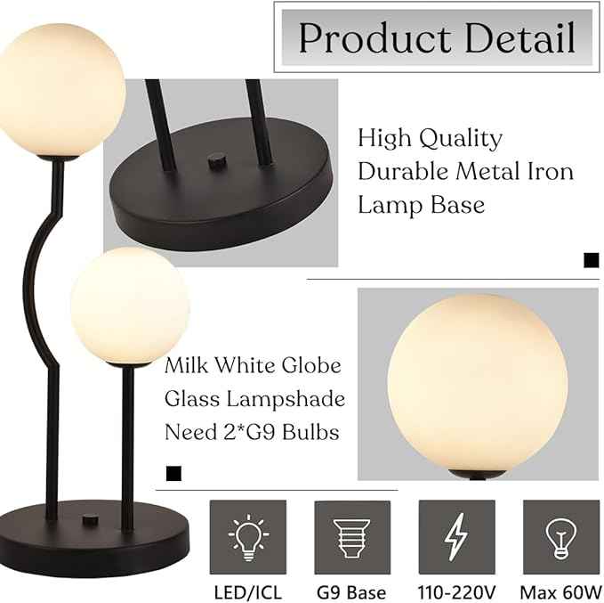 Black Mid Century Globe Table Lamp Industrial Retro 2 Lights Orb Desk Lamp with White Glass Globe Bedside Reading Light for Bedroom Living Room Study Room
