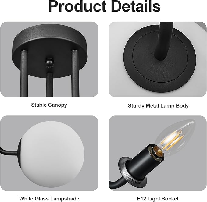3-Light Modern Black Ceiling Light with Globe White Glass Shade Farmhouse Semi Flush Mount Ceiling Light Sputnik Chandeliers for Bedroom Living Room Dinning Room Foyer Hallway - Aura Lighting