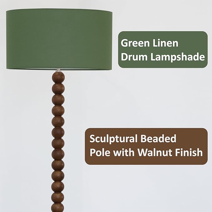 Buruis 61" Beaded Wood Floor Lamp with 17.2" Large Linen Shade, UL Listed, Retro Mid-Century Accent Walnut Finish Standing Lamp for Living Room, Bedroom, Office, Corner, Bulb Not Included, Green