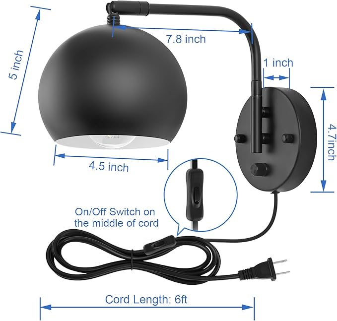 Plug in Wall Sconces, Dimmable Wall Sconce Swing Arm Wall Lights with Plug in Cord and Dimmer On/Off Knob Switch, Black Globe Wall Light for Bedside Bedroom Bathroom(1 Bulb Included)