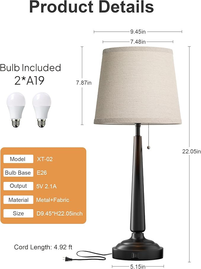 22'' Table Lamps for Living Room Set of 2: Farmhouse Vintage Lamps for Night Stands, Skinny Table Lamp with USB C+A Ports, 3-Way Dimmable Bedroom Lamp with Fabric Linen Lampshade, LED Bulbs Included
