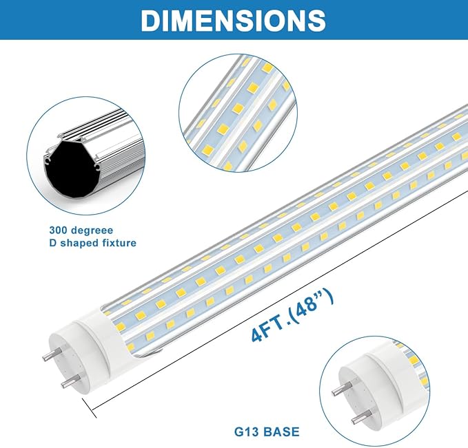 SHOPLED Led T8 Bulbs 4ft, 36W 4680LM 5000K Daylight White, Double End Powered, Plug and Play or Ballast Bypass, Type A+B T8 Led Bulbs 4 Foot F32T8 or F40T12 Fluorescent Light Bulbs Replacement 4Pack