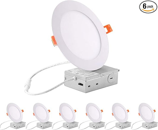 ZYC recessed Lighting 6 inch - 12W 1100LM High Brightness,5CCT 2700K/3000K/3500K/4000K/5000K Selectable,Ultra-Thin LED Recessed Ceiling Light,Dimmable Canless Wafer Downlight,Pack of 6 White.