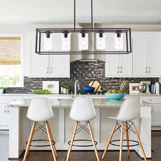 VINLUZ 5-Light Kitchen Island Chandeliers Oil Rubbed Bronze Modern Linear Cage Pendant Lighting with Clear Glass Shades Farmhouse Ceiling Light Fixtures Hanging for Dining Room Living Room - Aura Lighting
