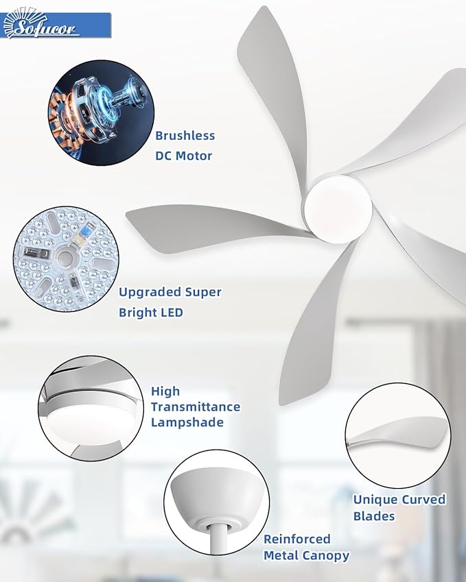 Sofucor 45" Smart Ceiling Fan, Indoor/Outdoor White Ceiling Fans with Lights and Remote, Works with Alexa/Google/App, 3-Color Light 6-Speed Timing Reversible DC Motor for Bedroom Living Room Patio