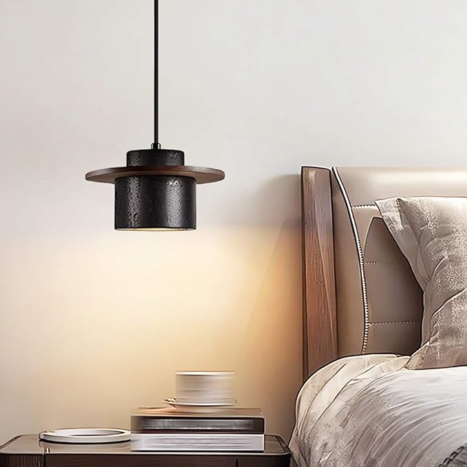 Wabi Sabi Black Natural Stone Pendant Light Travertine Lampshade Nordic Style Solid WoodNatural Yellow Travertine Hanging Lamp Dining Room Kitchens Island Hanging Lights