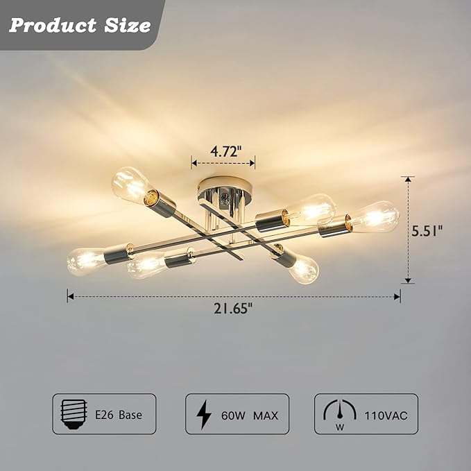 ZGLAOJT 6-Lights Semi Flush Mount Ceiling Light Fixture，Chrome Industrial Chandelier，Farmhouse Lighting for Dining Room Living Room Kitchen Bedroom