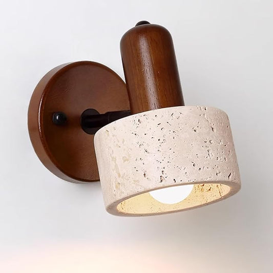Nordic Style Natural Stone Wall Lamp, Yellow Travertine Wall Sconce with Adjustable Marble Lampshade & Wood Base, Japanese Style Wabi-sabi Art Lighting Fixture for Bedside(Walnut,No Switch)