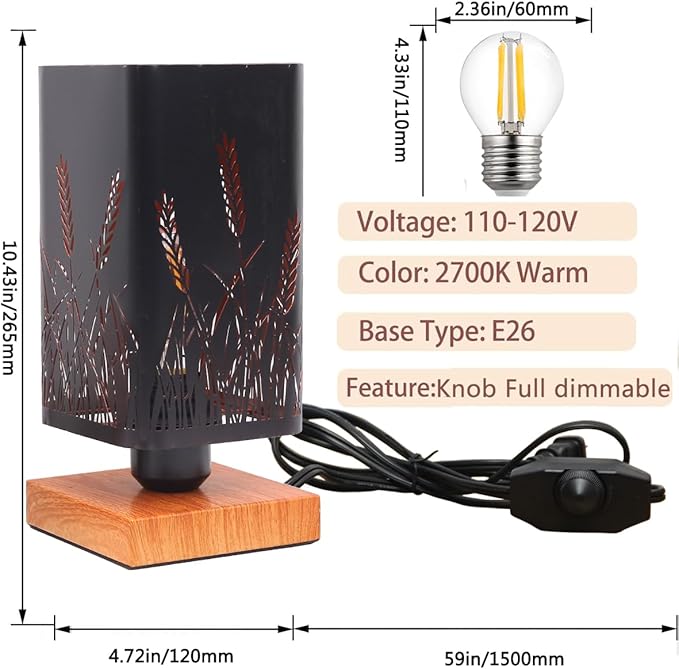 Rustic Table Lamp set of 2 with Dimmer, Small Black Industry Metal bedside Lamp fully Dimmable , Night Light for Kids, Bedroom Nightstands Lamp, Lamp for Living Room End Tables side Decoration