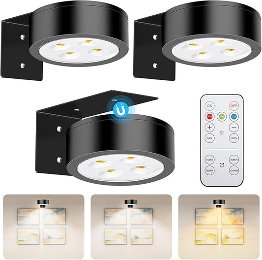 Wireless Battery Operated Painting Light with Remote Control,3 Lighting Modes Magnetic Led Art Display Light for Picture Frame, Dimmable and Timer, Wall Decor Display Light 3Pack Black