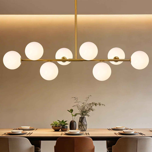 8-Light Gold Sputnik Chandeliers, Mid Century Modern Chandelier for Dining Room Light Fixture Over Table, Height Adjustable, Bubble Glass Globe Ceiling Linear Chandelier for Kitchen Island Foyer