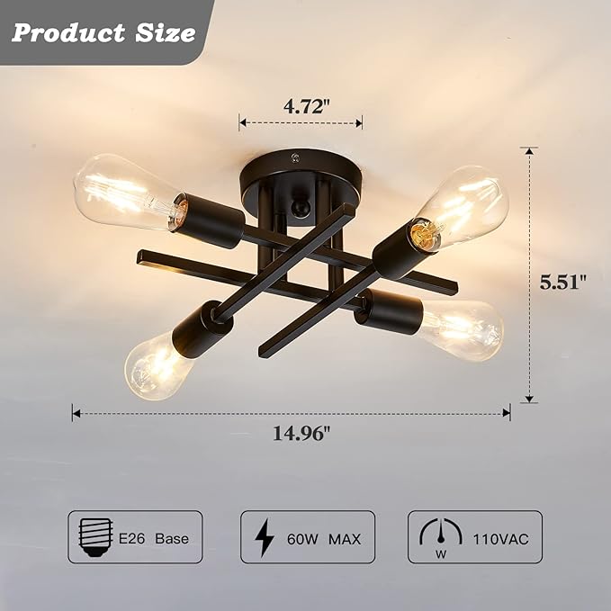 ZGLAOJT 4-Light Semi Flush Mount Ceiling Light Fixture 2 Pack Ceiling Light Matte Black with E26 Base Modern Light for Porch Bedroom Hallway Kitchen Farmhouse