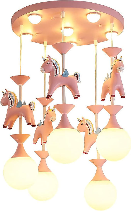 Pink Unicorn LED Ceiling Light Cartoon Resin Chandelier Handmade Design Pendant Light Fixtures Adjustable Flush Mount Hanging Lamps for Girls Kids Room Bedroom