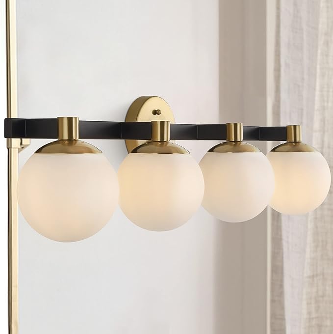 JONATHAN Y 5.75" Brass Gold/Black Modern Globe LED Vanity Wall Sconce Light, White Frosted Glass Shade, Mid-Century Art Deco Wall Lamp for Bathroom, Kitchen, Hallway (JYL3543A)