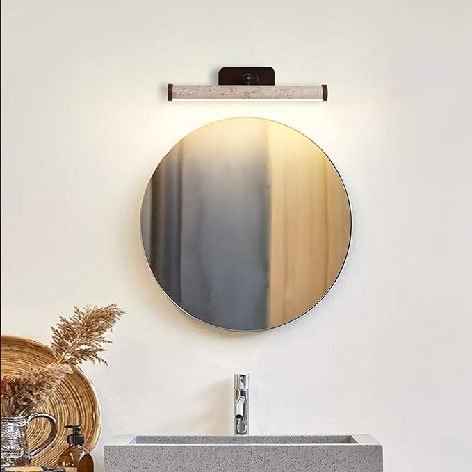 Yellow Travertine Bathroom Light Fixtures, Natural Stone LED Vanity Lamp for Over Mirror, 180° Adjustable, Japanese Style Wabi-sabi Marble Wall Light for Bedroom Artwork Poster