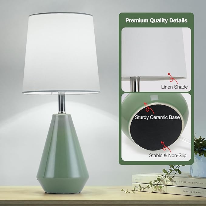 Small Bedside Table Lamp for Bedroom-Reading Desk Lamp Set of 2,with 3 Color Temperatures,15.5" Nightstand Ceramic Lamp with Fabric Shade for Kids Room,Living Room,Dorm,Home Office (Green+White )