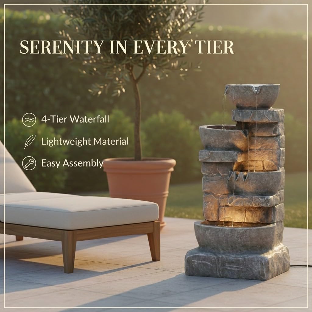 33" Outdoor Water Fountain with LED Lights