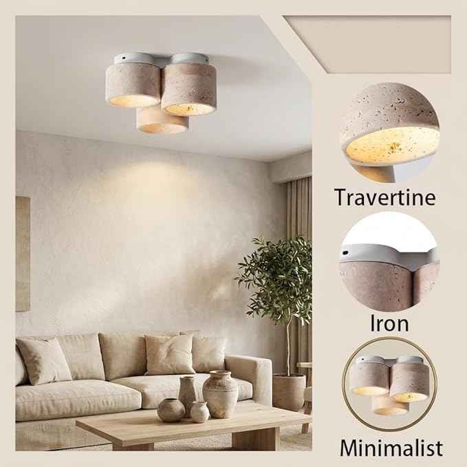 Flush Mount Ceiling Light, Travertine Stone Lamp with Beige Shade, Minimalist Surface Mount Fixture for Hallway, Balcony, Bedroom, Entryway, Corridor, Apartment, Home Decor Residential(Large)