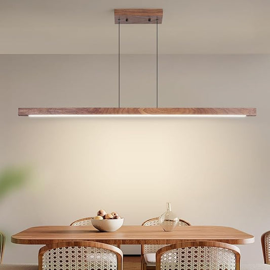 Modern Wooden Pendant Light, 47IN Walnut Wooden Chandelier with Remote Control 3000k-6500K Adjustable Color Temperature，Aluminum Island Lighting Lamp for Dining Room, Living Room B