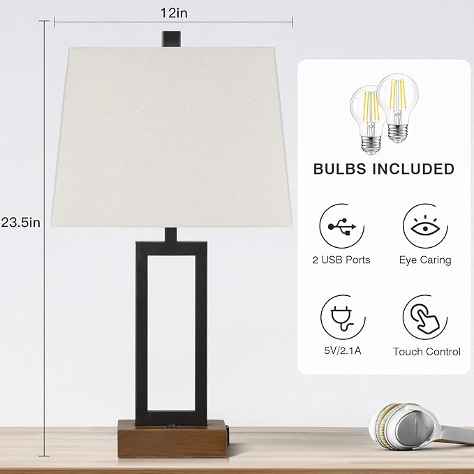 23.5" Table Lamps Set of 2, Modern Black Bedside Lamps with 2 USB Ports & AC Outlet, Contemporary Nightstand Lamps with Wood Base for Bedroom Living Room(LED Bulb Included) - Aura Lighting