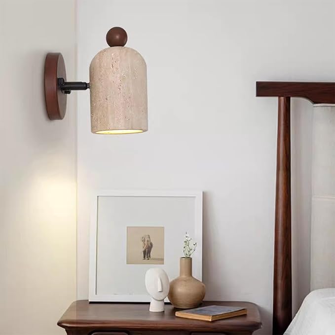 Natural Yellow Travertine Wall Lamp, Adjustable Marble Wall Mounted Light with Wood Base, Japanese Wabi Sabi Style Stone Wall Sconce for Bedroom Bedside Living Room Study(Walnut)