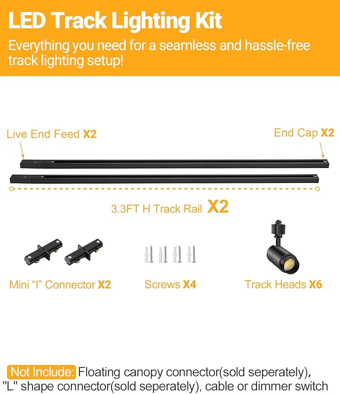 VANoopee 3-Color Zoomable 6 Light LED Track Lighting Kit with 6.6FT H Type Track Lighting Rail, LED Track Light Heads Dimmable Modern Kitchen Track Lighting Fixtures Ceiling Spotlight 10W 1000lm Black - Aura Lighting