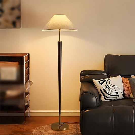 Wabi-sabi Style Wood Floor Lamp Corner Vertical Light with Linen Shade Bedside Standing Reading Lamp Elegant Restaurant Tall Lights Gold Electroplated Iron Floor Lamps for Home Office