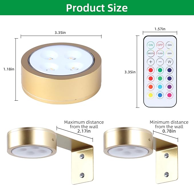 2 Pack Wireless Picture Lights for Wall,Rechargeable Picture Light Battery Operated with Remote,Dimmable Painting Light for Art Display,RGB Battery Wall Lights for Dartboard Photo Frame Gallery.Gold