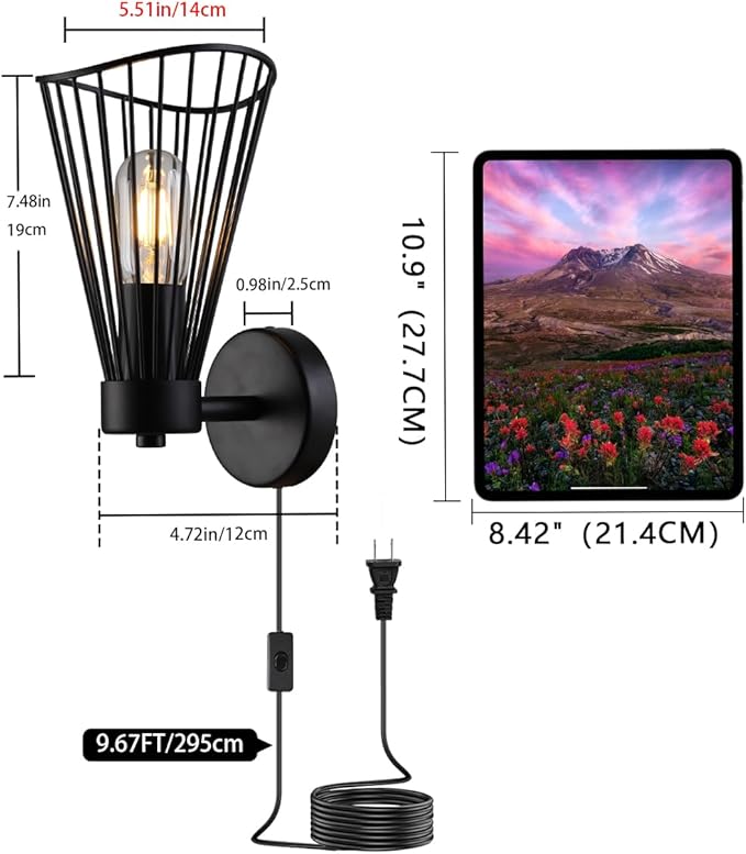 Plug in Wall Sconce Indoor Large Industrial Wall Sconces Farmhouse Wall Lamp with Plug in Cord Vintage Black Wall Lights with On/Off Switch Wall Light Fixture for Living Room Bedroom Rustic - Aura Lighting