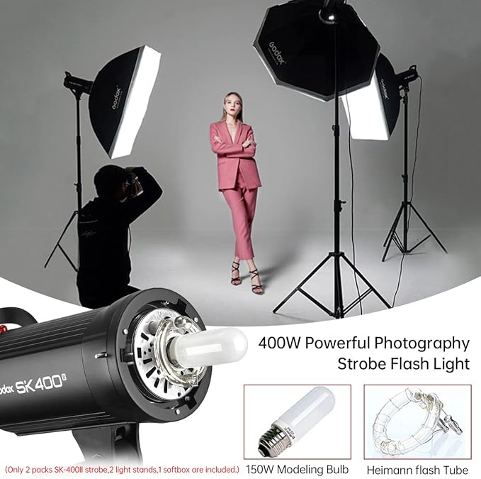 Godox 800Ws 2Packs SK400II 2.4G Studio Strobe Flash Light Kit,GN65 5600K Monolight Bowens Mount Flash for Studio Photography with XT-16 Transmitter,Softboxes,Light Stands,Reflectors,Umbrella,Carry Bag